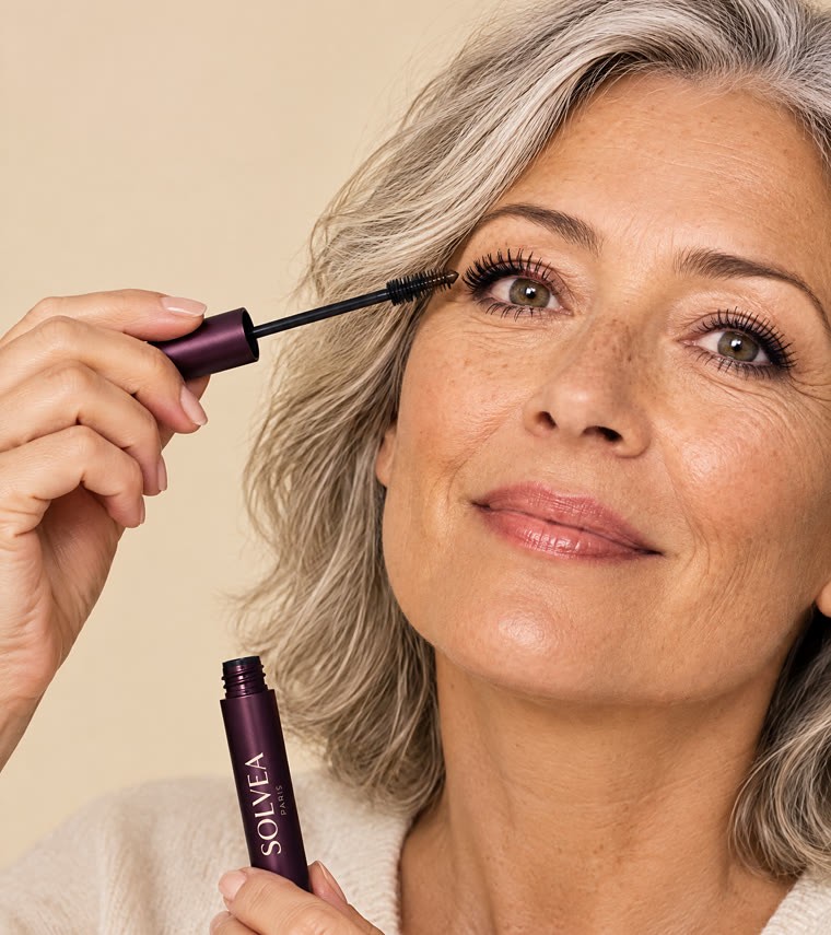 Femme aux cheveux argentés appliquant le mascara Solvéa